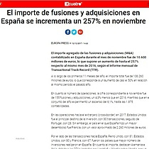 El importe de fusiones y adquisiciones en Espaa se incrementa un 257% en noviembre